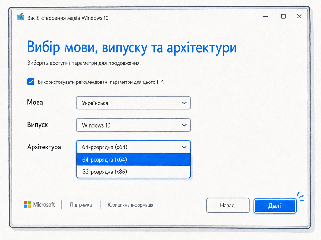 Вибір української мови та 64-розрядної архітектури Windows 10 x64