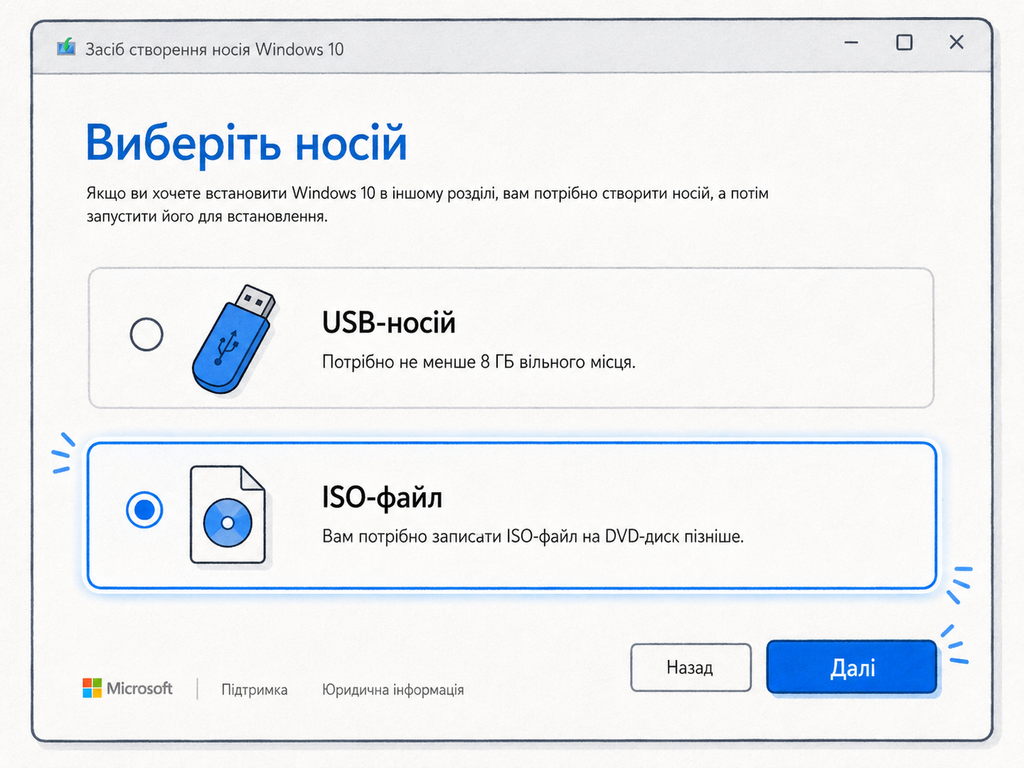 Вибір ISO-файлу Windows 10 у Media Creation Tool