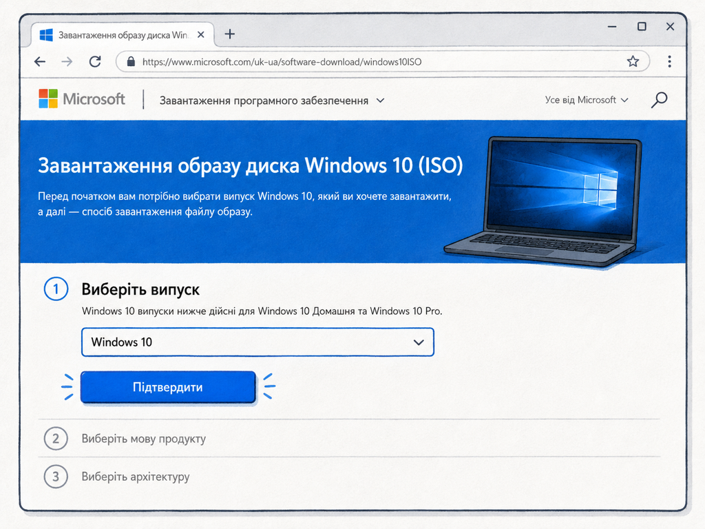Вибір випуску для прямого завантаження Windows 10 ISO з сайту Microsoft