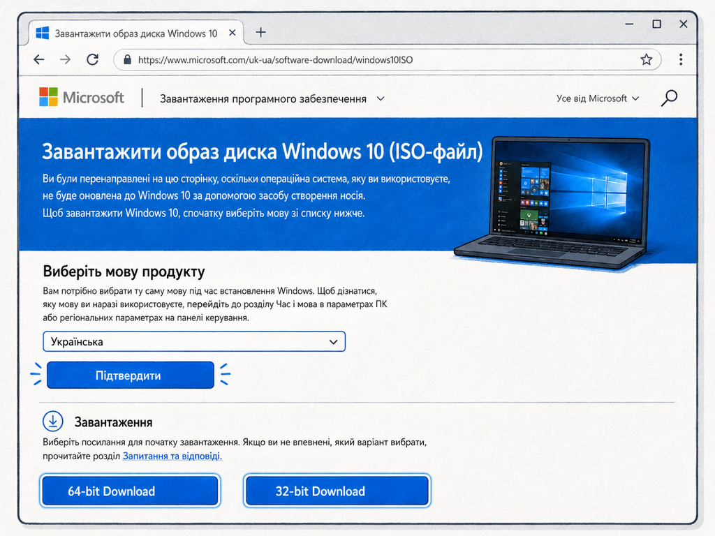 Завантаження Windows 10 ISO українською у версіях 64-bit та 32-bit